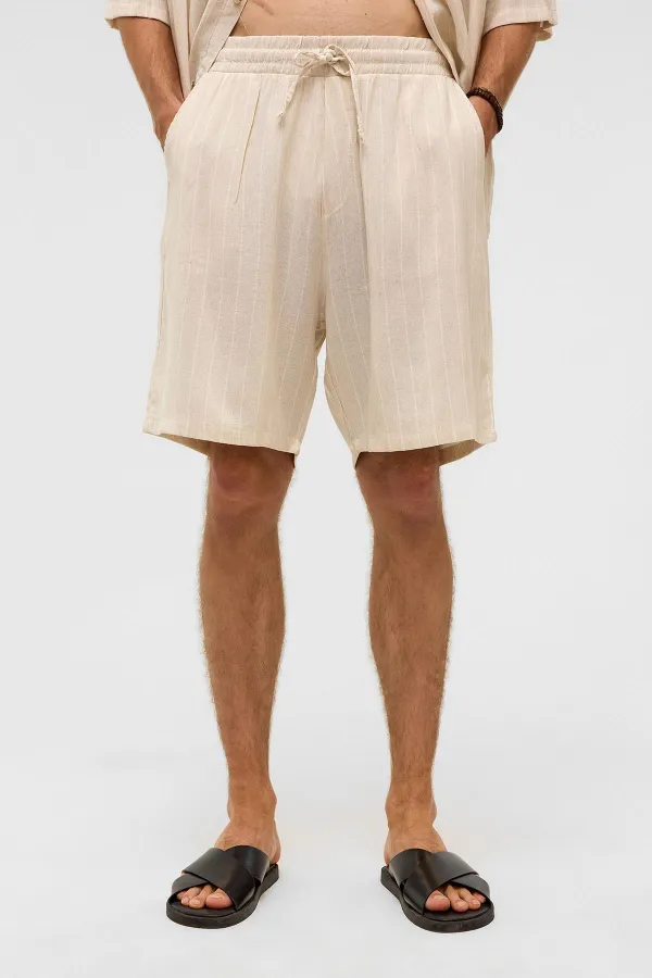 Oversize Çizgili Keten Şort Beyaz