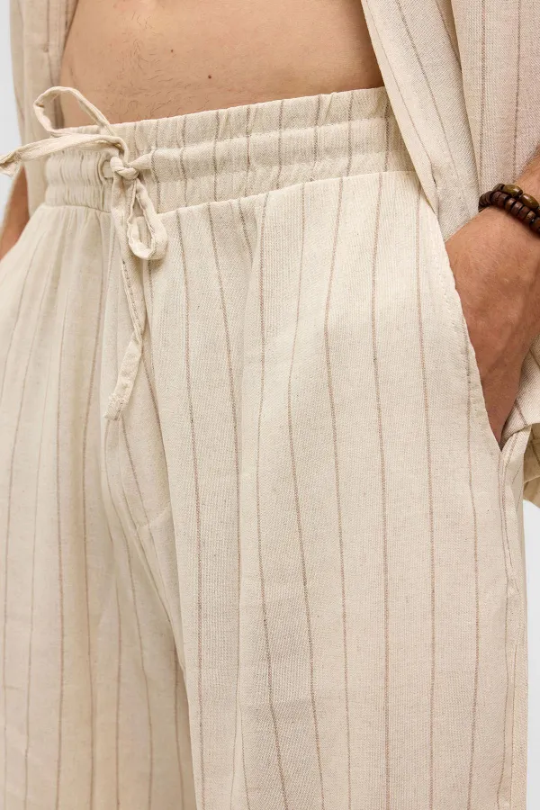 Oversize Çizgili Keten Şort Vizon