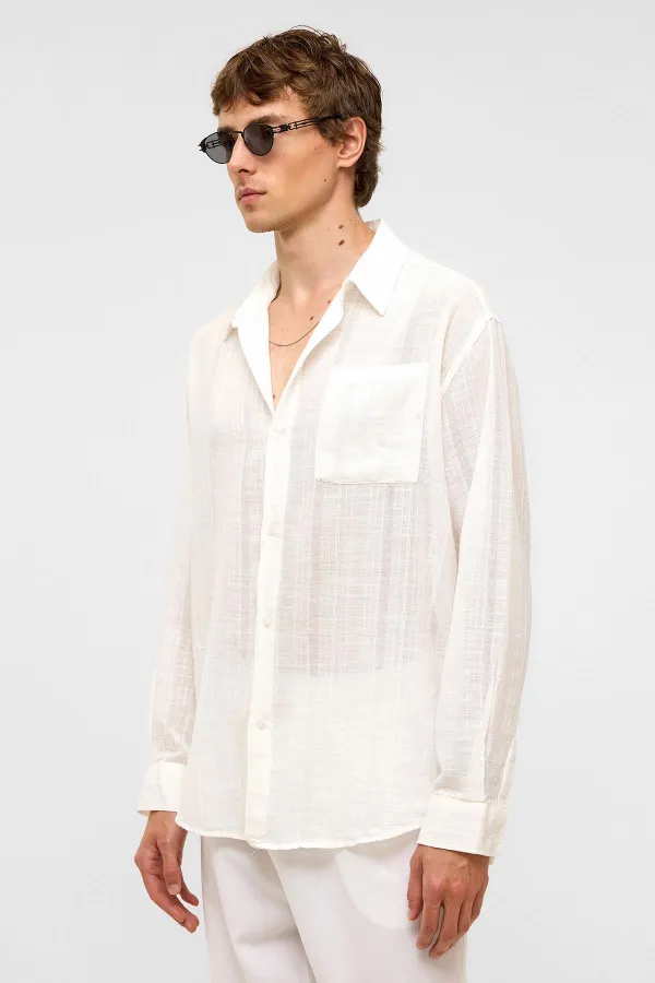 Oversize Çizgili Uzun Kollu Keten Gömlek Ekru