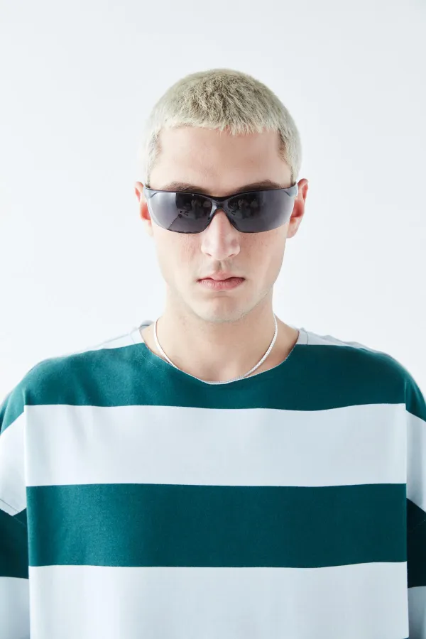 Dijital Baskılı Şeritli %100 Pamuk Oversize Tişört Petrol