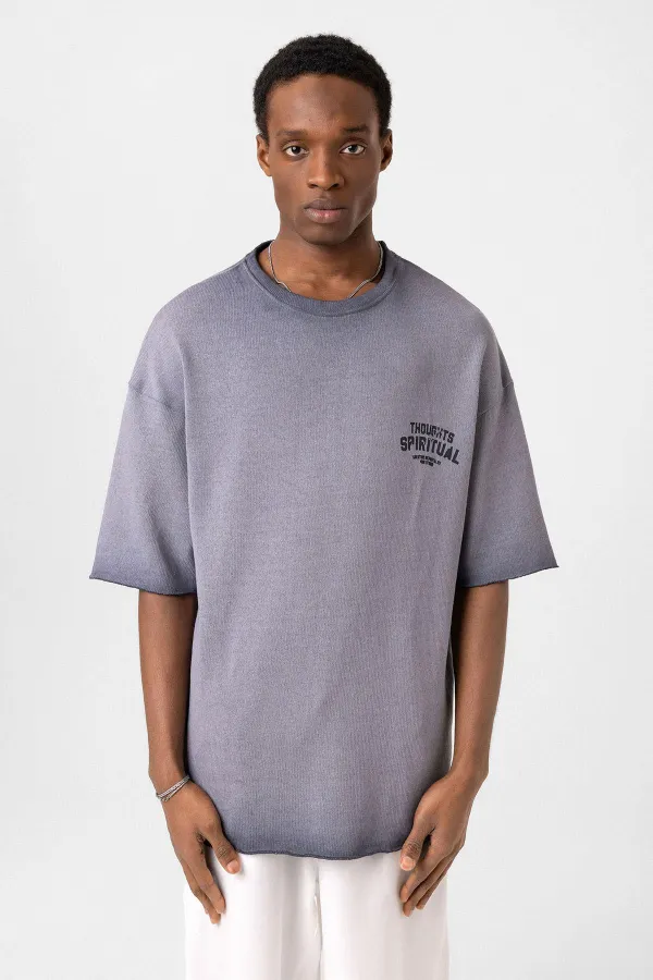 Yıkamalı Oversize Triko Tişört Gri