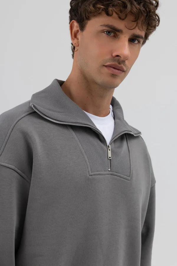 Sweat-shirt basique à fermeture éclair, gris foncé