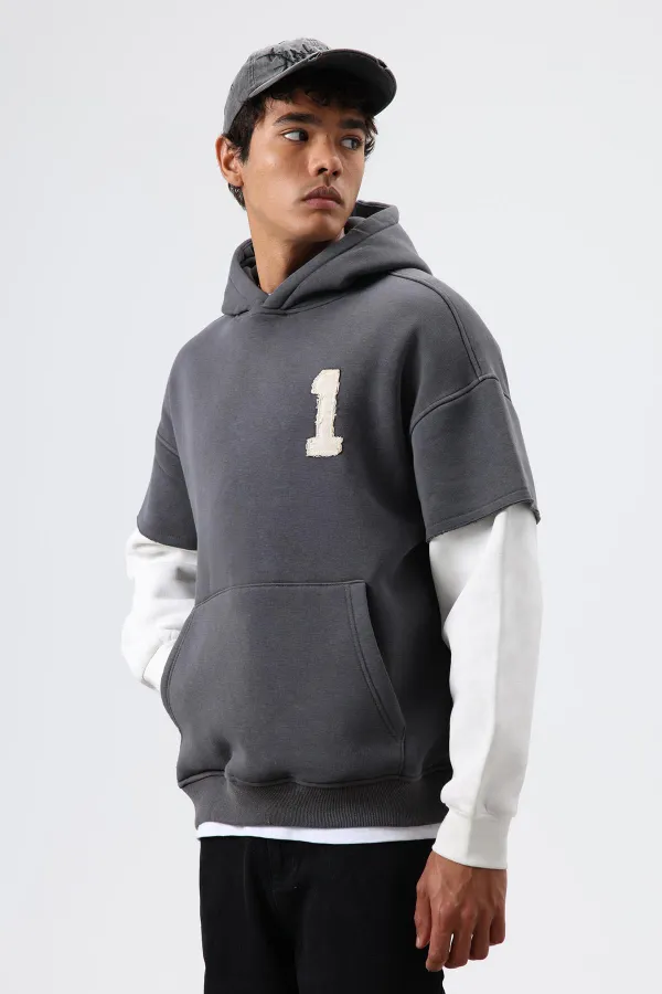 Oversize Kol Detaylı Kapüşonlu Sweatshirt Füme