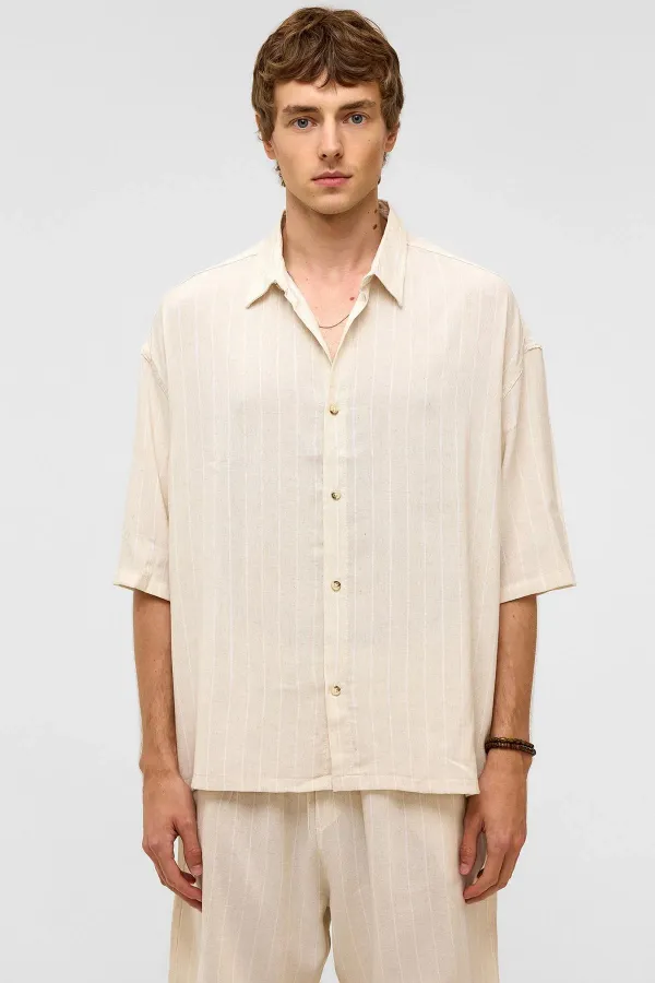 Oversize Çizgili Kısa Kollu Keten Gömlek Beyaz