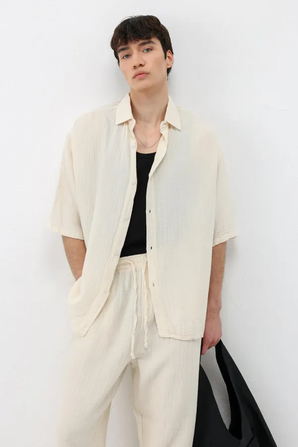 Ensemble en mousseline de lin coupe décontractée, naturel