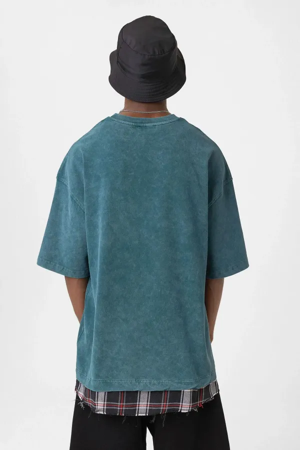 Washed Oversize Plaid Detail T-Shirt, Petrol