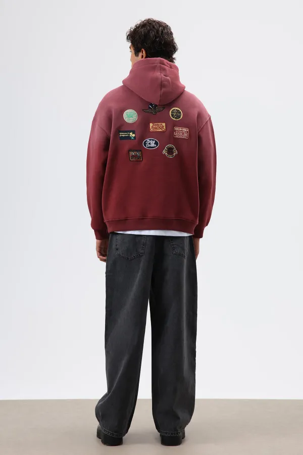 Oversize Printed Hooded Sweatshirt Burgundy