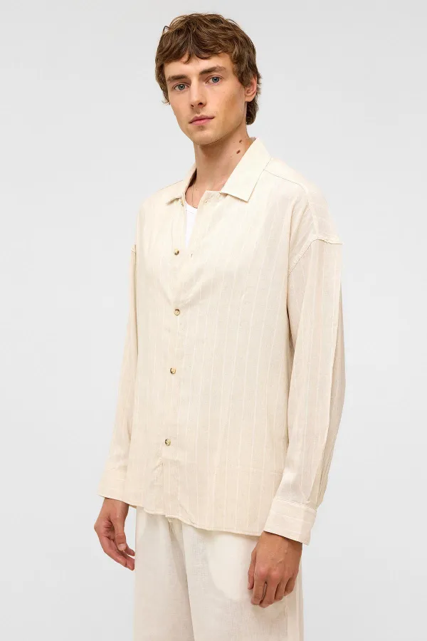 Oversize Long-Sleeved Striped Linen Shirt White
