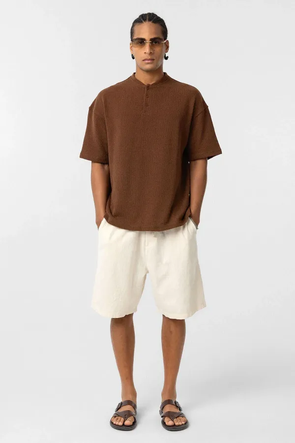 Basic Oversize Düğme Yaka Tişört Kahve