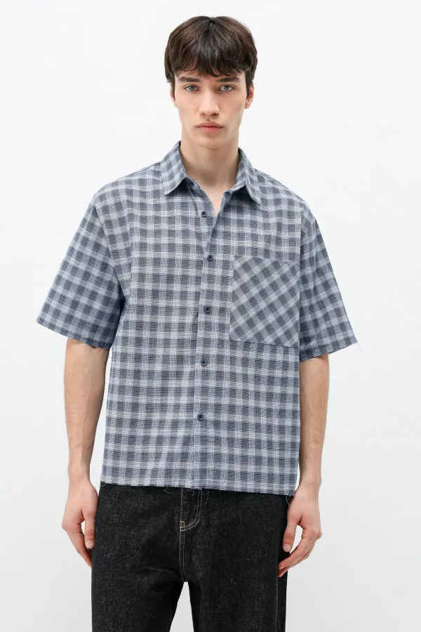 Chemise oversize à manches courtes à carreaux, bleue