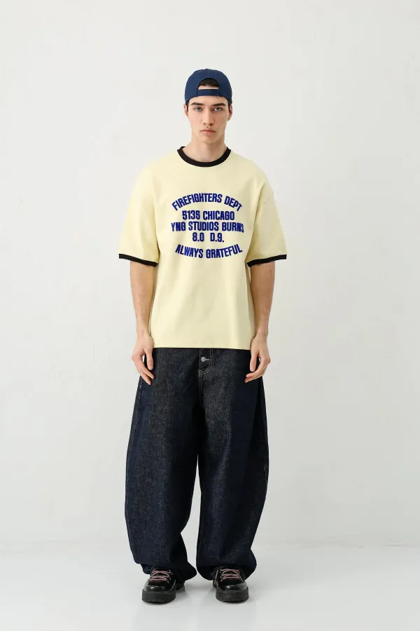 Baskılı Bisiklet Yaka Oversize Tişört Sarı