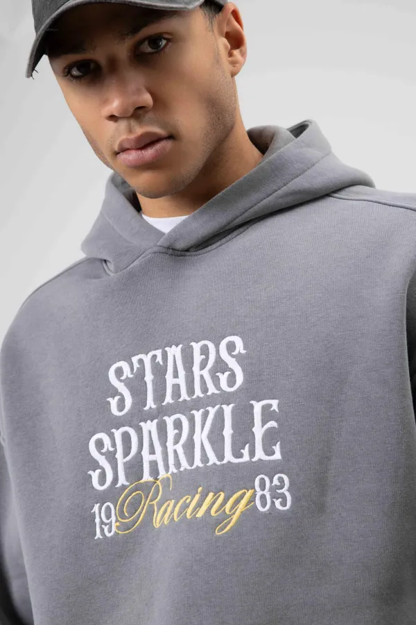 Oversize Nakış Baskılıkapüşonlu Sweatshirt Füme
