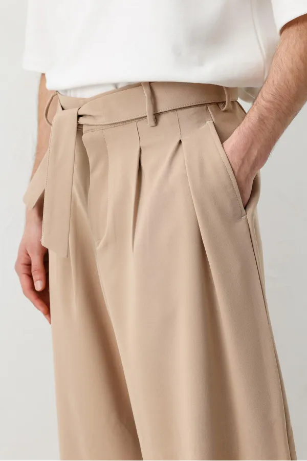 Barrel Fit Tailored Fit Kemerli Pantolon Bej