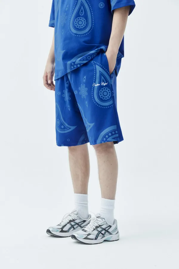 Oversize Desenli Şort Tişört Takım Saks