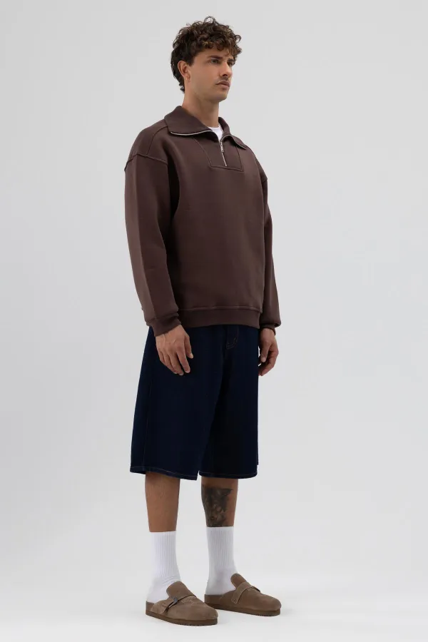 Basic Zip-Up Stand-Up Collar Sweatshirt, Brown