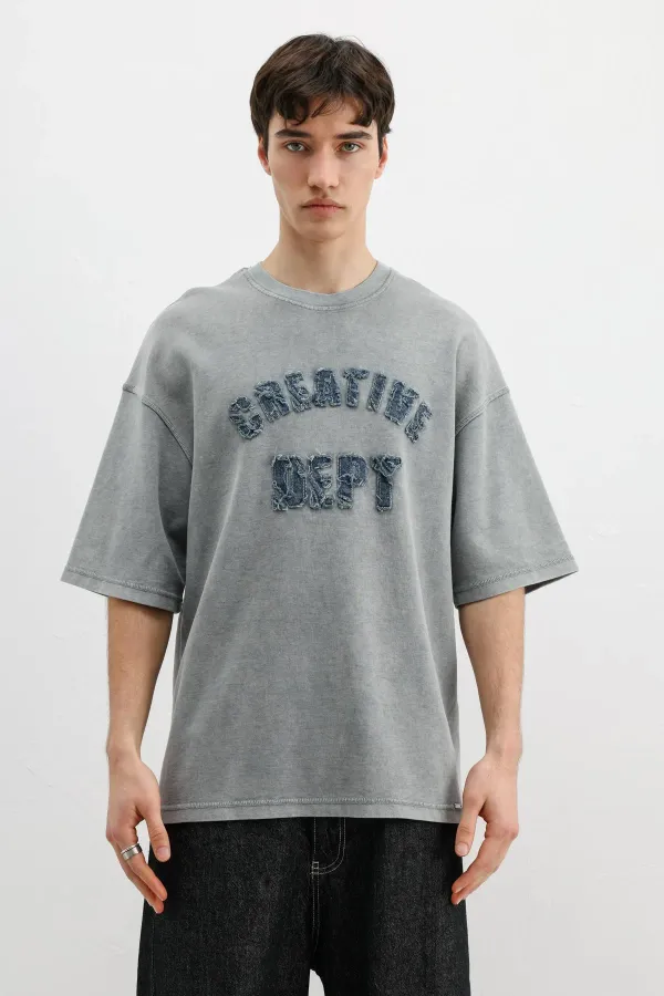 Yıkamalı Yazı Baskılı Oversize Tişört Gri