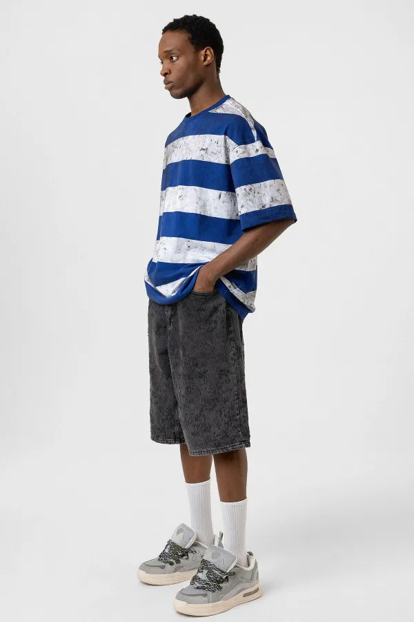 Yıkamalı Şeritli Oversize Tişört Mavi - Beyaz