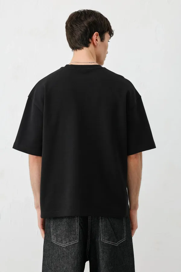 Kısa Kollu Boxy Fit Baskılı Tişört Siyah