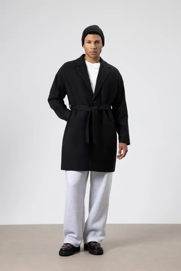 Kemerli Oversize Kaşe Kaban Siyah