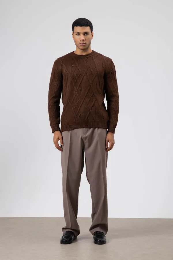 Oversize Desenli Triko Kazak Kahve