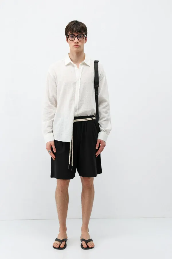 Kemerli Oversize Keten Şort Siyah