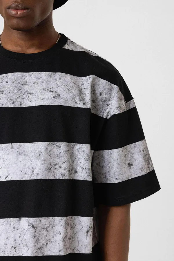 Yıkamalı Şeritli Oversize Tişört Siyah - Beyaz