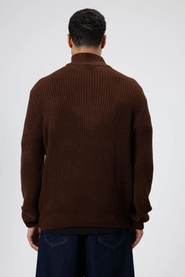 Fermuarlı Örme Triko Kazak Kahve