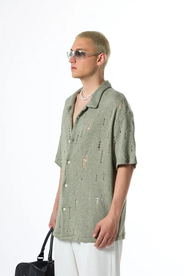 Oversize Deliklı Triko Gömlek Haki