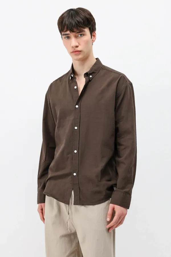 Basic Oversize Pamuk  Keten Gömlek Kahve