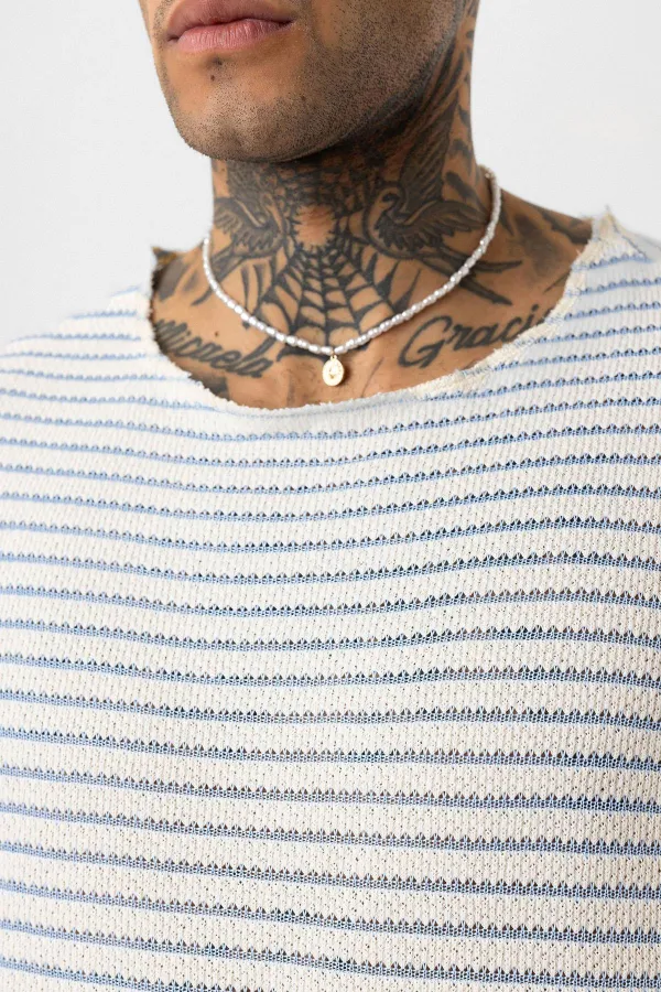 T-shirt rayé oversize en maille bleu ciel