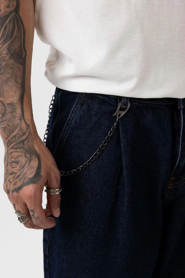 Pileli Zincir Detaylı Baggy Jean Koyu Mavi