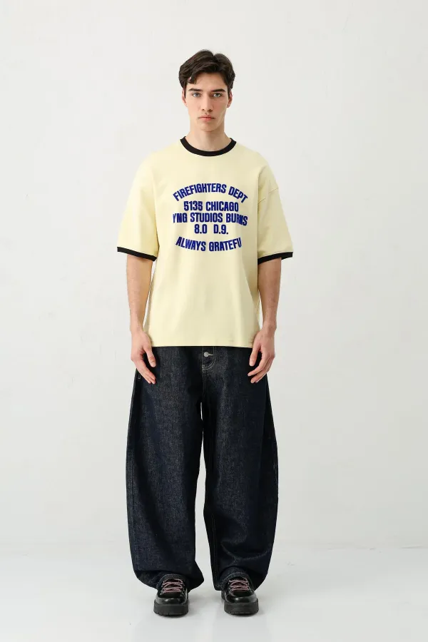 Baskılı Bisiklet Yaka Oversize Tişört Sarı