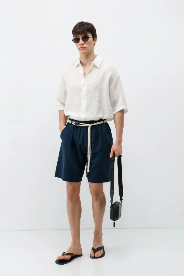 Kemerli Oversize Keten Şort Lacivert