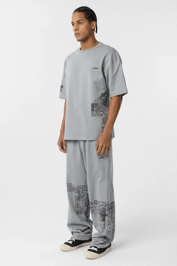 Etnik Desenli Oversize Eşofman Takım Gri
