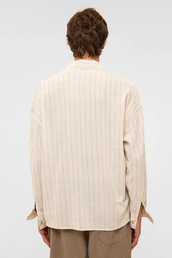 Oversize Uzun Kollu Çizgili Keten Gömlek Vizon