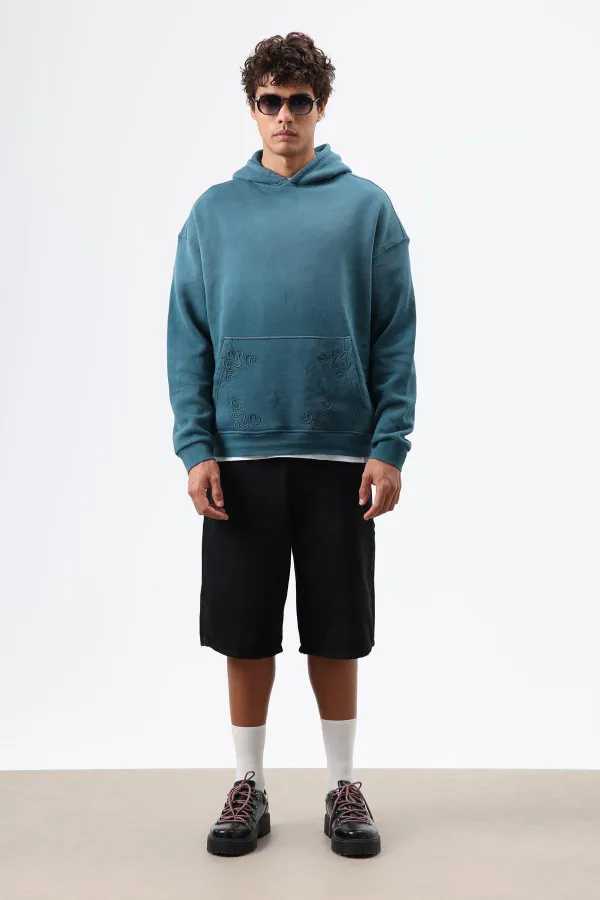 Oversize Nakış Detaylı Hoodie Nefti
