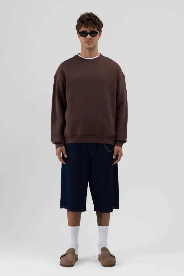 Basic Crew Neck Oversize Sweatshirt, Coffee