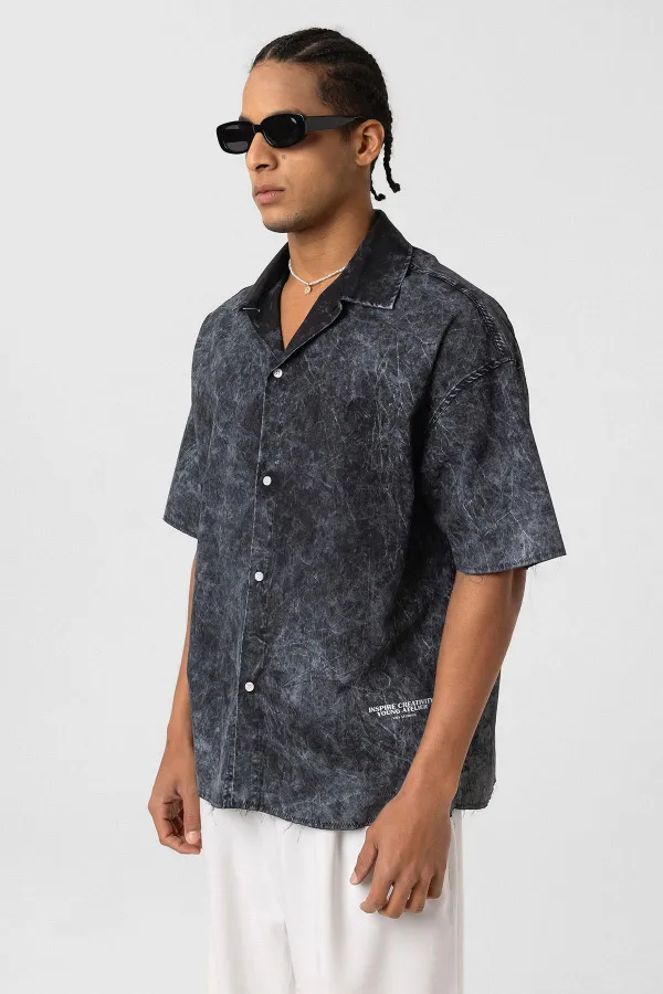 Yıkamalı Yazı Baskılı Oversize Kısa Kol Gömlek Siyah