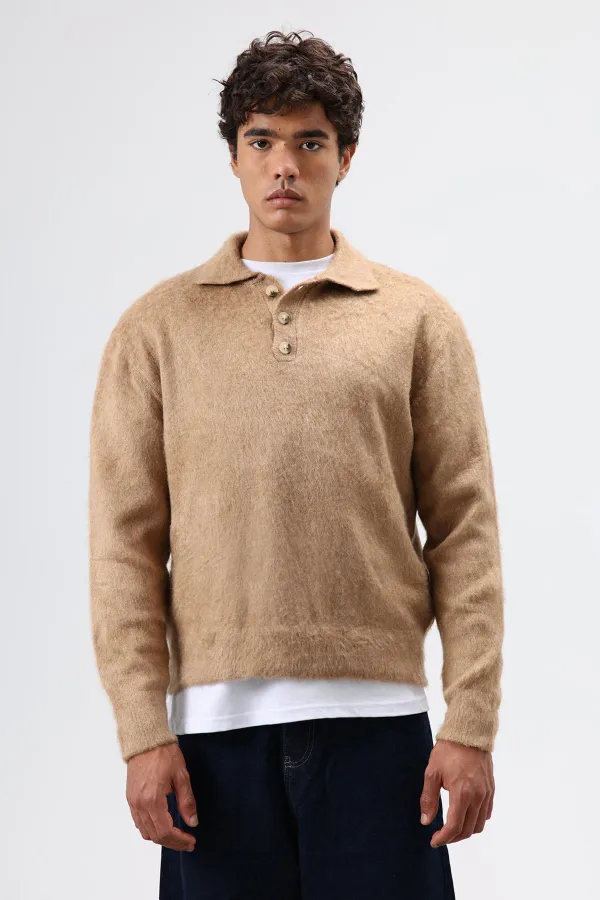 Pull en maille douce texturée beige à col polo