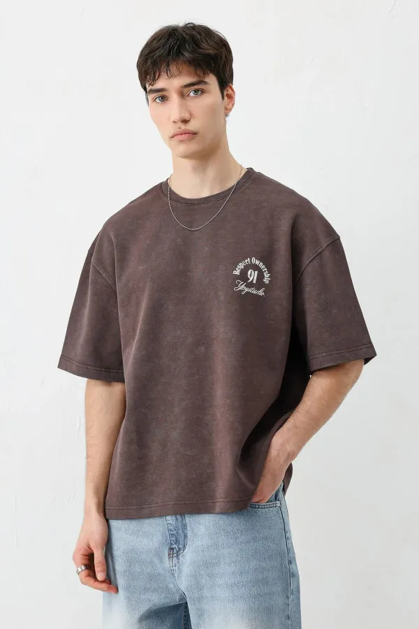 Kısa Kollu Boxy Fit Baskılı Tişört Kahve