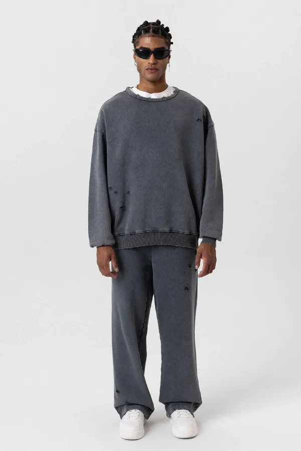 Premıum Yıkamalı Yırtık Detaylı Oversize Eşofman Takım Siyah