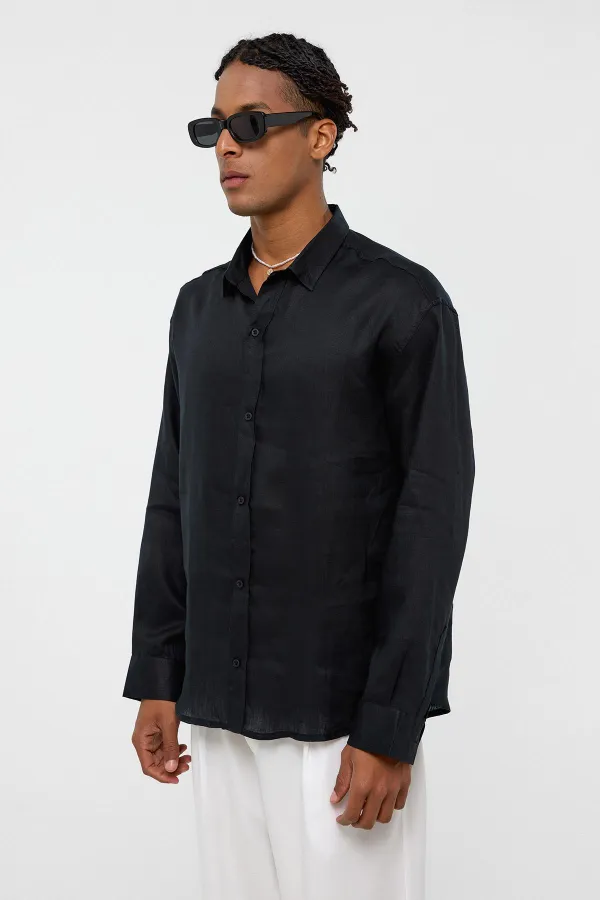100% Linen Oversize Long-Sleeve Shirt Black