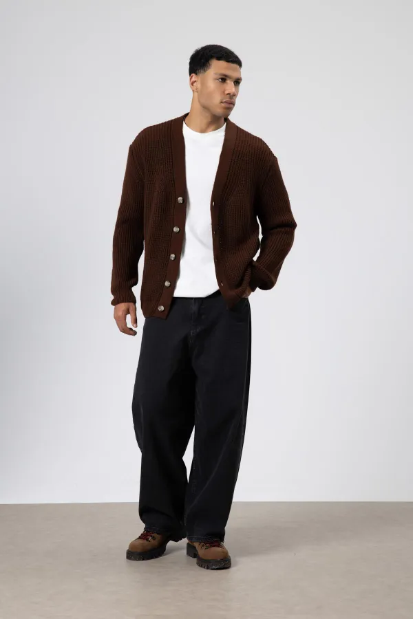 V Yaka Düğmeli Örgü Hırka Kazak Kahve