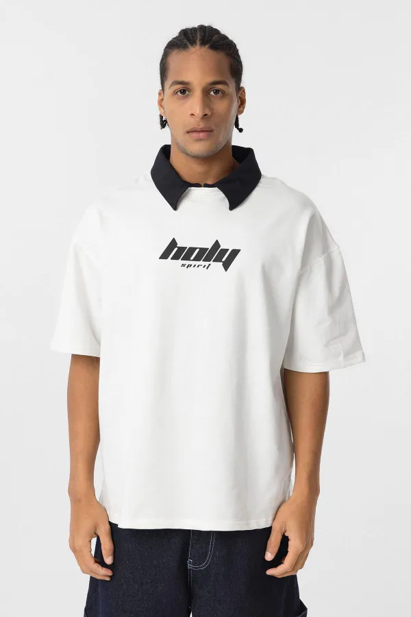 Polo Yaka Oversize Baskılı Tişört Ekru