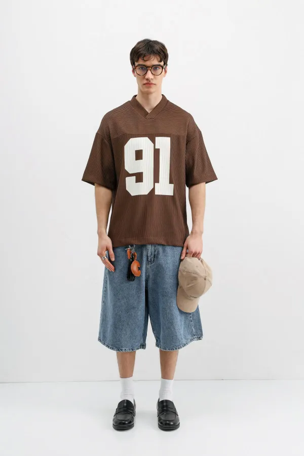 Baskılı Fitilli Oversize Tişört Kahve