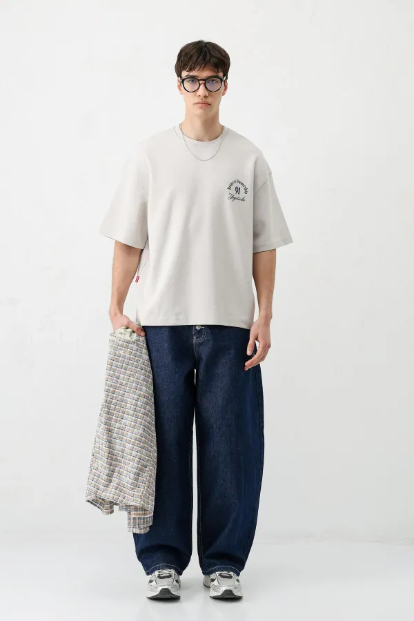 Kısa Kollu Boxy Fit Baskılı Tişört Ice Grı