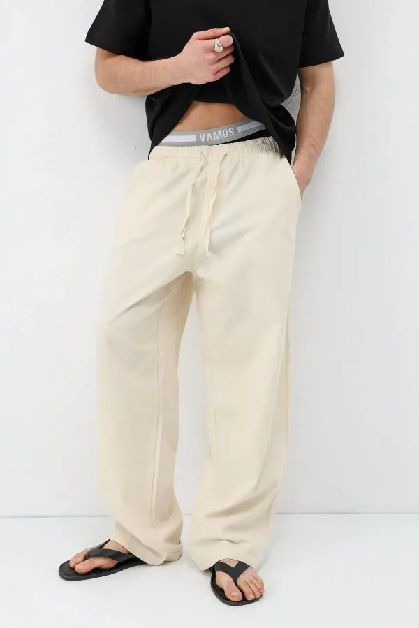 Bel Lastikli Baggy Fit Keten Pantolon Naturel