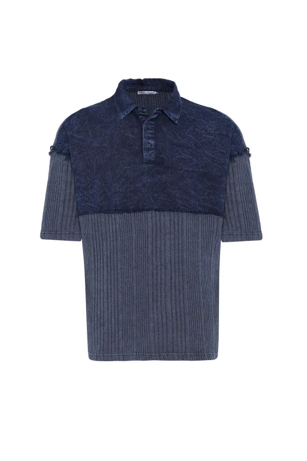 Yıkamalı Oversize Polo Yaka Tişört İndigo
