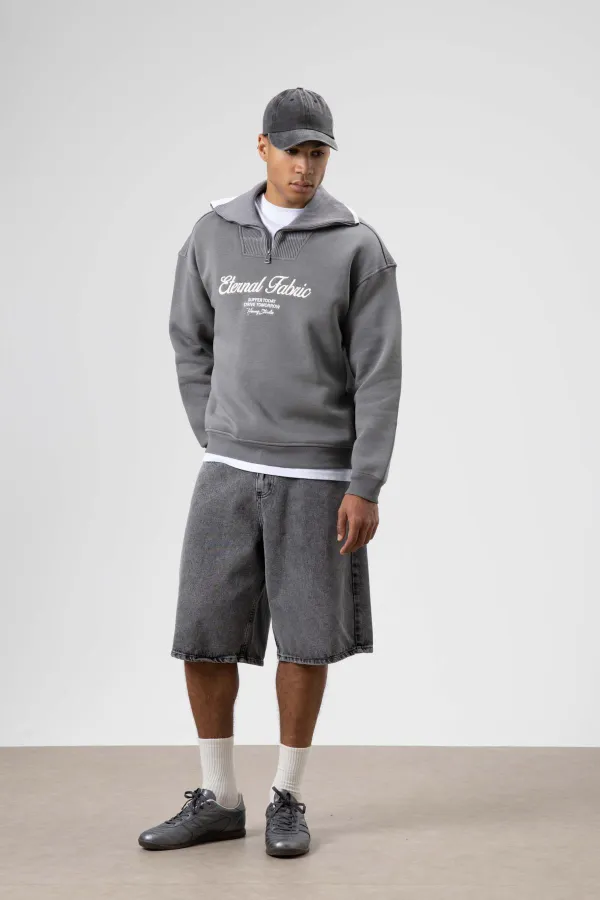 Sweat-shirt oversize à col zippé, gris foncé