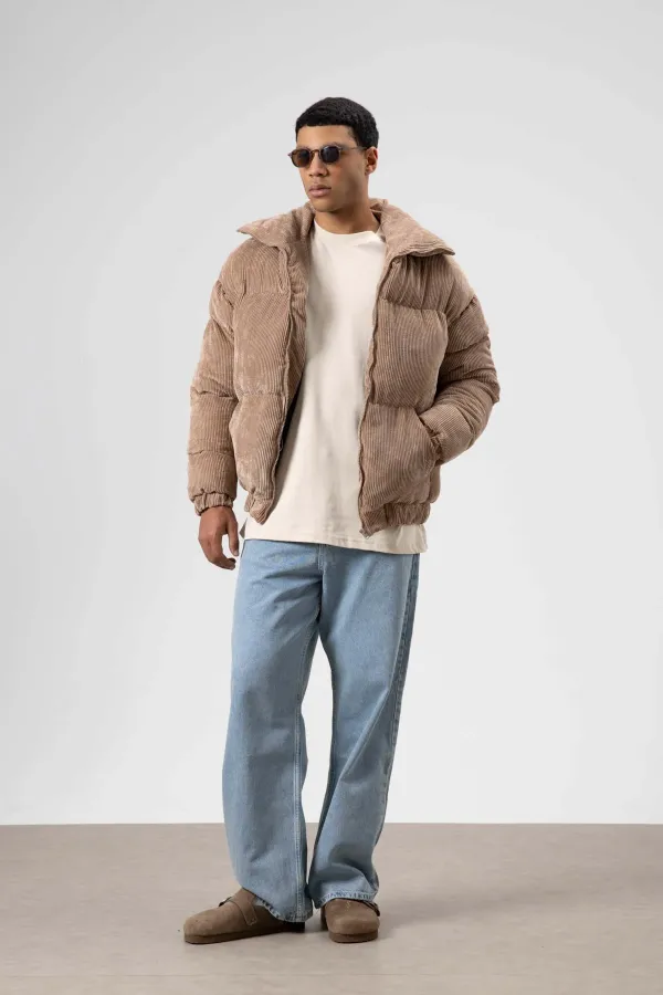 Oversize Kadife Şişme Mont Vizon